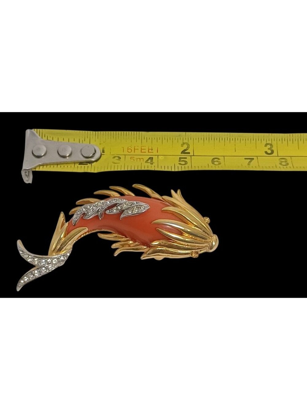 Rare Vintage Signed Boucher 1005P Brooch Coral Lucite Rhinestone Koi Fish Pin